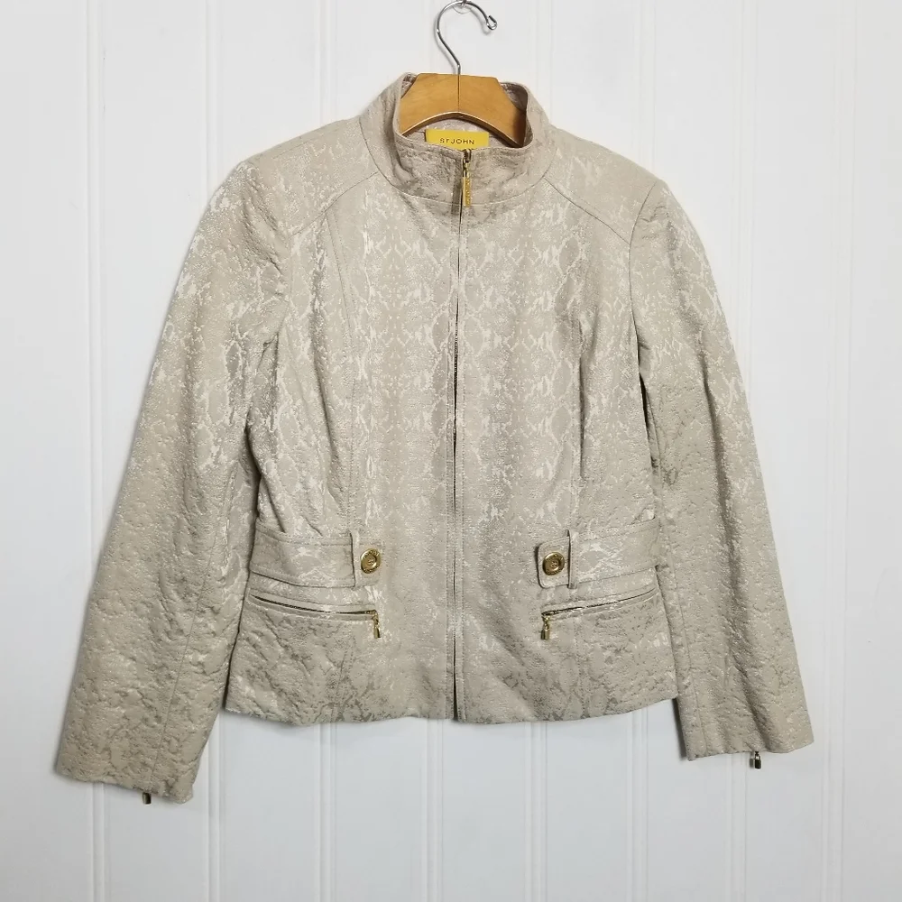 St John Evening Jacket Size 4 Champagne Metallic Brocade Gold Zip Blazer Elegant